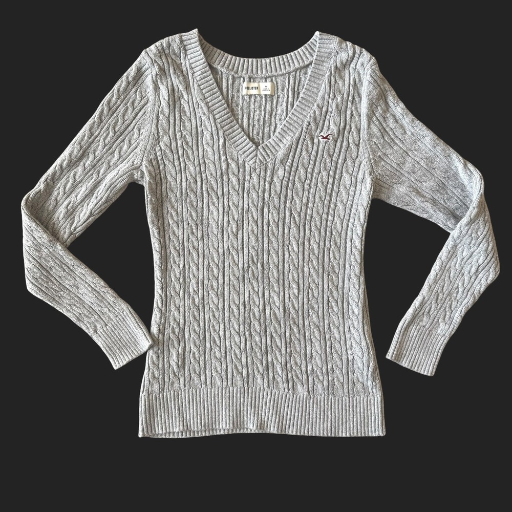 Hollister Womens Heather Gray Cable Knit V-Neck Sweater Size M Bella Swan Preppy